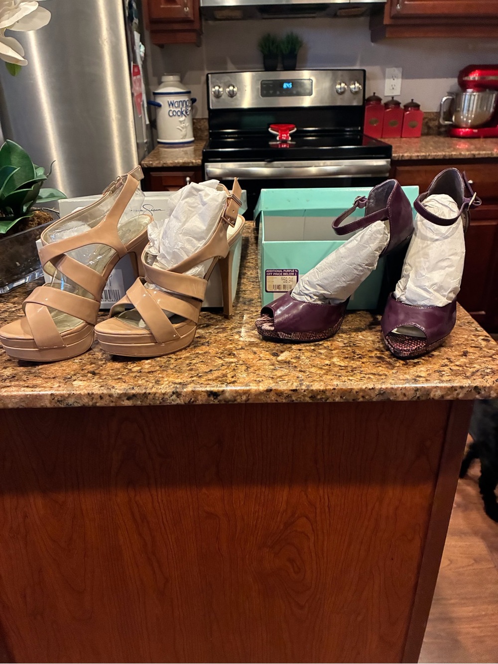 Jessica Simpson Nude Platform Sandals and Plum Ankle-Strap Peep-Toes